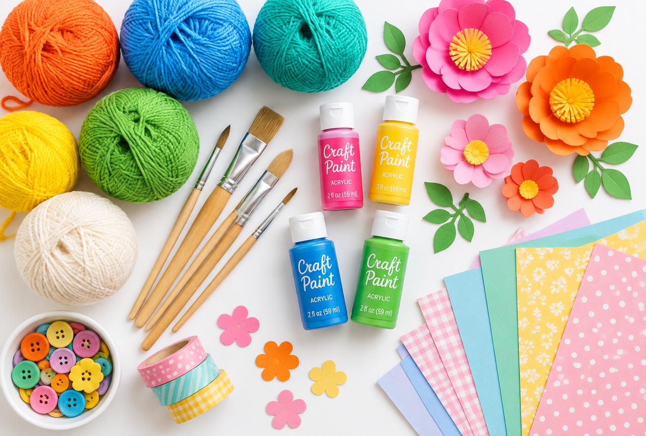 Colorful craft supplies including yarn, paint brushes, faux florals and scrapbook paper